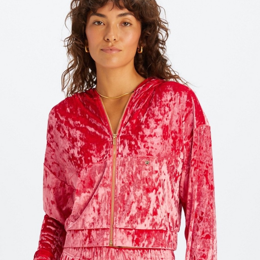 Fabletics Women’s Med. ZipUp Hoodie Red Velvet Velour Jacket with Matching Bra